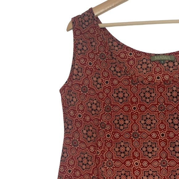 Maiwa Sleeveless Cotton Hand Block Printed Dress in Maroon & Navy | Size S - Picture 4 of 13